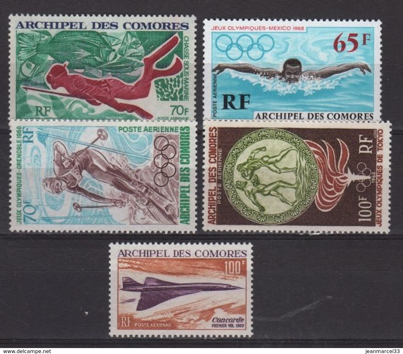 Comores, 5 Timbres Neufs Sans Charnière, Natation, Sports, Concorde - Airmail