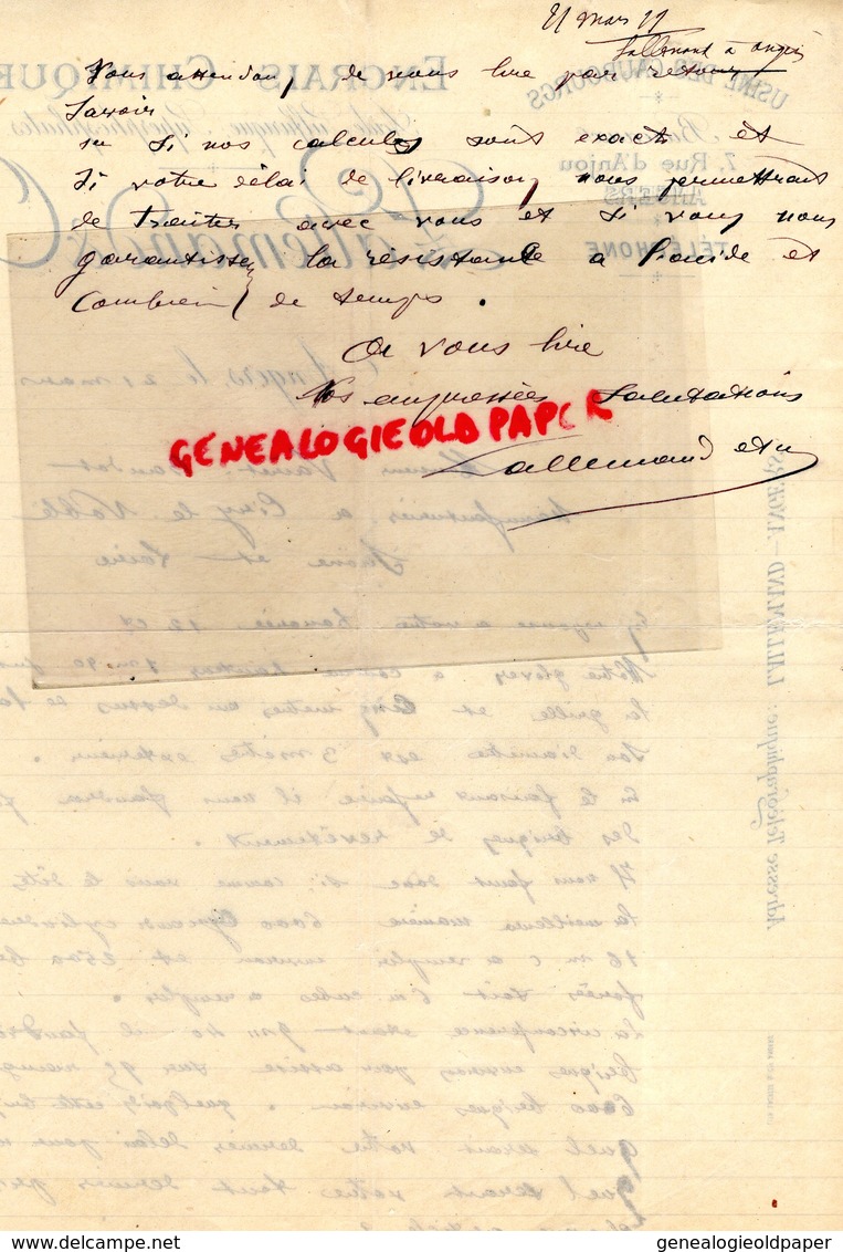 49 - ANGERS-RARE LETTRE MANUSCRITE SIGNEE   LALLEMAND-ENGRAIS CHIMIQUES-USINE DES GAUBOURGS-7 RUE ANJOU-1899 - 1800 – 1899