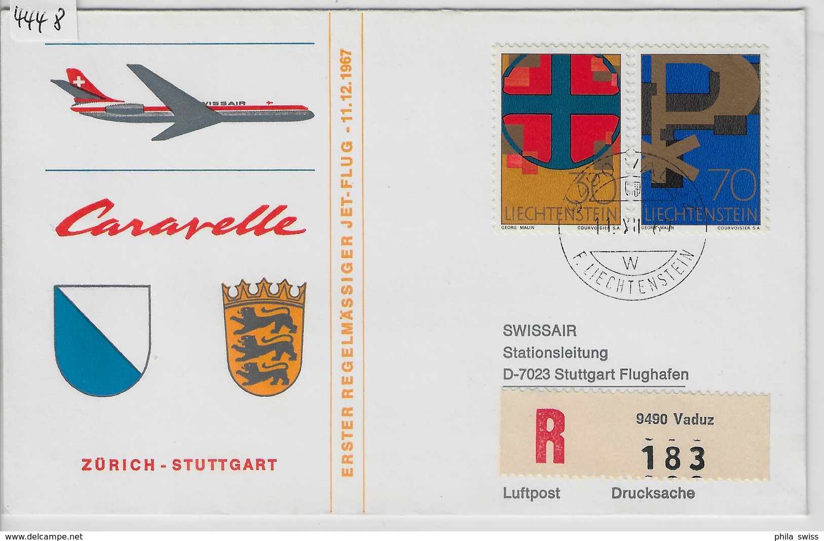 1967 1. Regelmässiger Jet-Flug Zürich-Stuttgart Swissair Caravelle 11.12.67 - Poste Aérienne