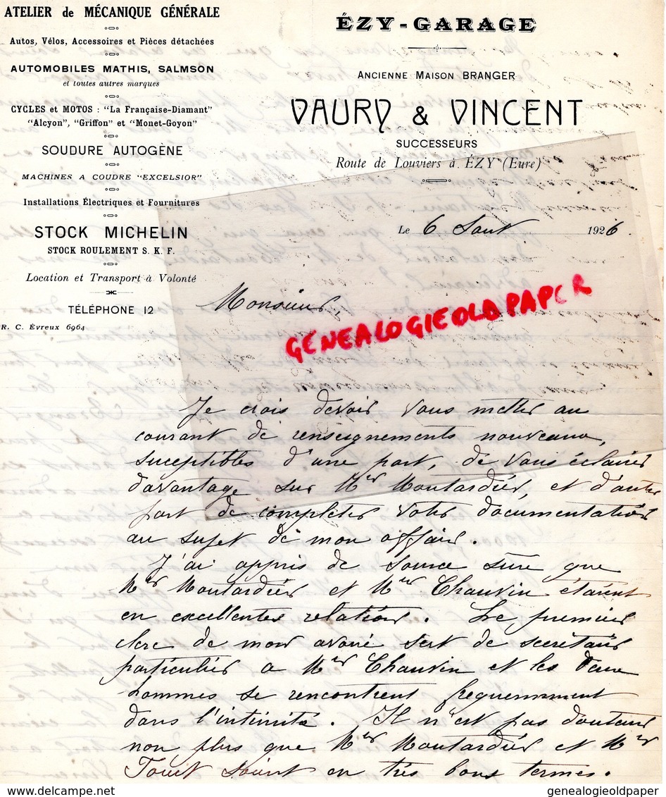 27- EZY- RARE LETTRE MANUSCRITE SIGNEE VAURY & VINCENT- BRANGER-GARAGE AUTO MOTO VELO- ROUTE DE LOUVIERS-1926 MICHELIN - Cars