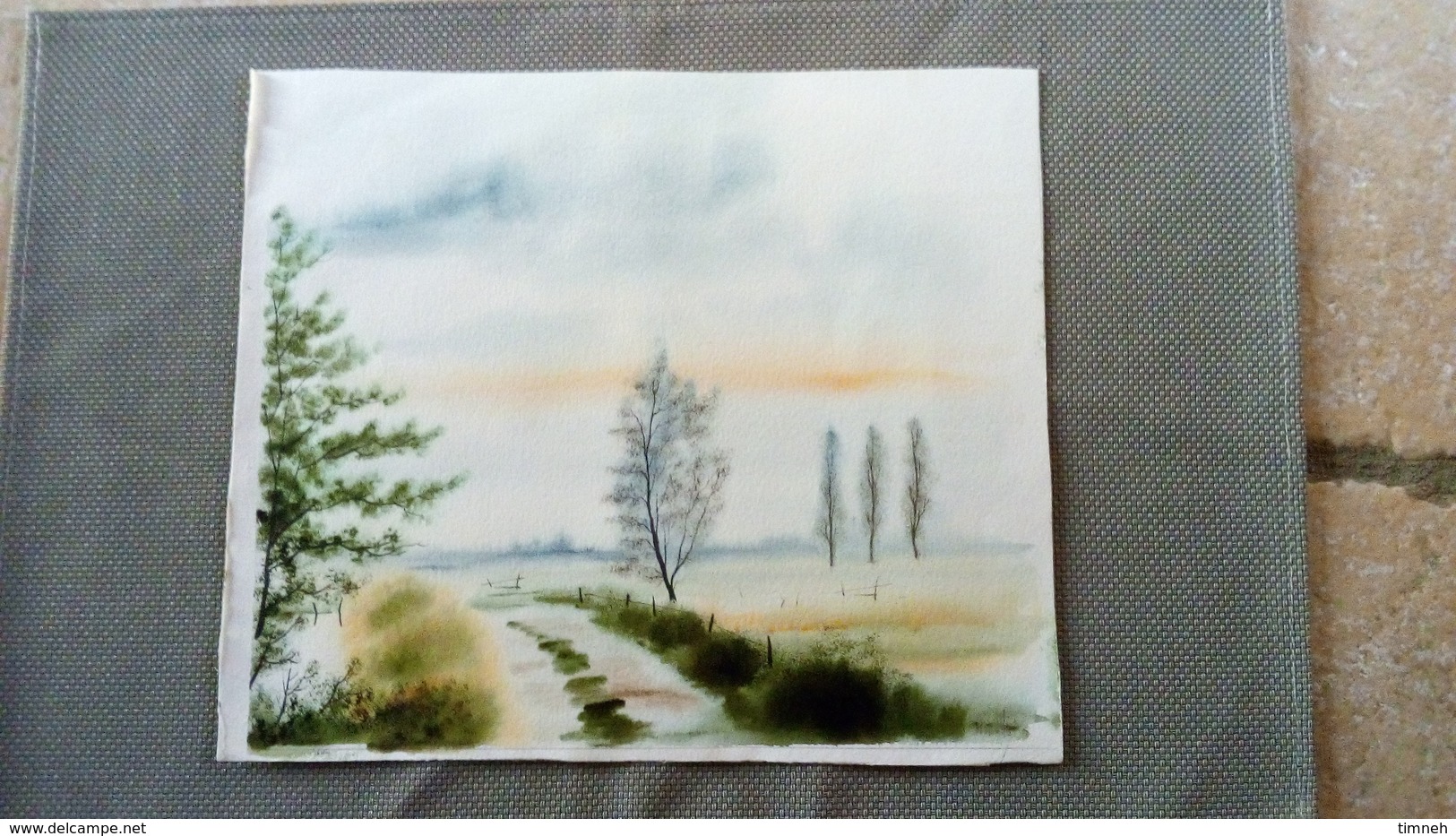 Aquarelle Originale Signée - Paysage De Campagne Chemin Arbres Peupliers 28cmx24cm (feuille Coupée à Ras, Sans Marge) - Watercolours