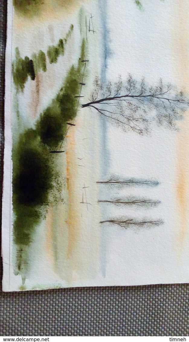 Aquarelle Originale Signée - Paysage De Campagne Chemin Arbres Peupliers 28cmx24cm (feuille Coupée à Ras, Sans Marge) - Watercolours