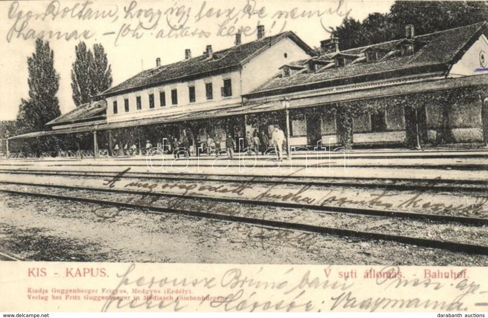 T2 Kiskapus, Kleinkopisch, Copsa Mica; Vasútállomás. Kiadja Guggenberger Frigyes / Bahnhof / Railway Station - Unclassified