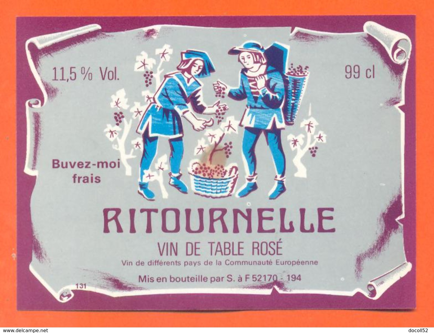 étiquette Ancienne Vin De Table Rosé Ritournelle à Arc En Barrois - 11,5 ° - 99 Cl - Vino Rosato