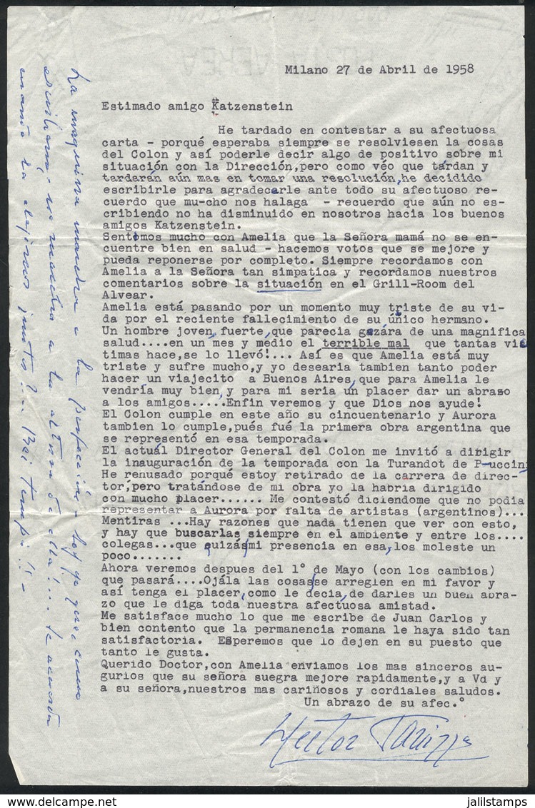 607 ARGENTINA: PANIZZA Hector: Composer And Conductor, Letter Written In 1958 To His Frie - Autres & Non Classés