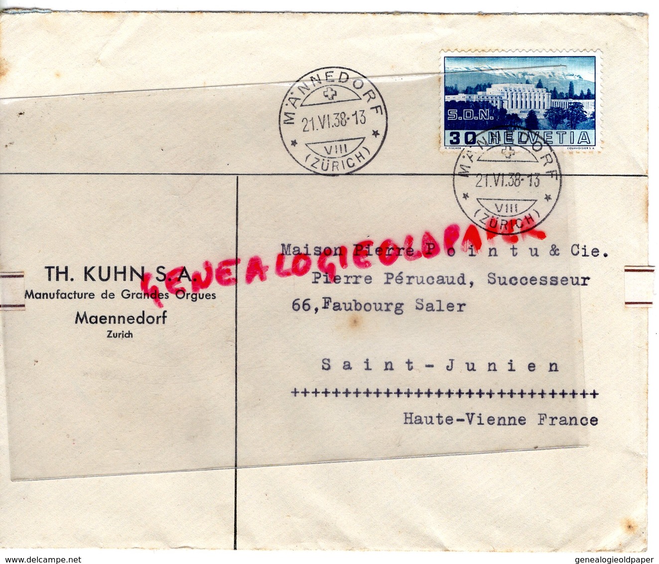 SUISSE - ZURICH- MAENNEDORF TH. KUHN- MANUFACTURE ORGUES- ENVELOPPE POINTU MEGISSERIE PEAUX- ST SAINT JUNIEN-1938 - Suisse