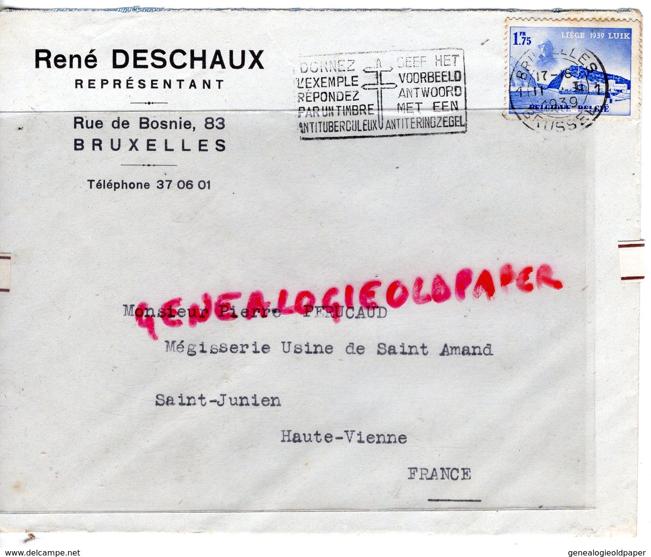 BELGIQUE-BRUXELLES- ENVELOPPE RENE DESCHAUX-REPRESENTANT 83 RUE DE BOSNIE-PIERRE PERUCAUD MEGISSERIE SAINT JUNIEN-1939 - Straßenhandel Und Kleingewerbe