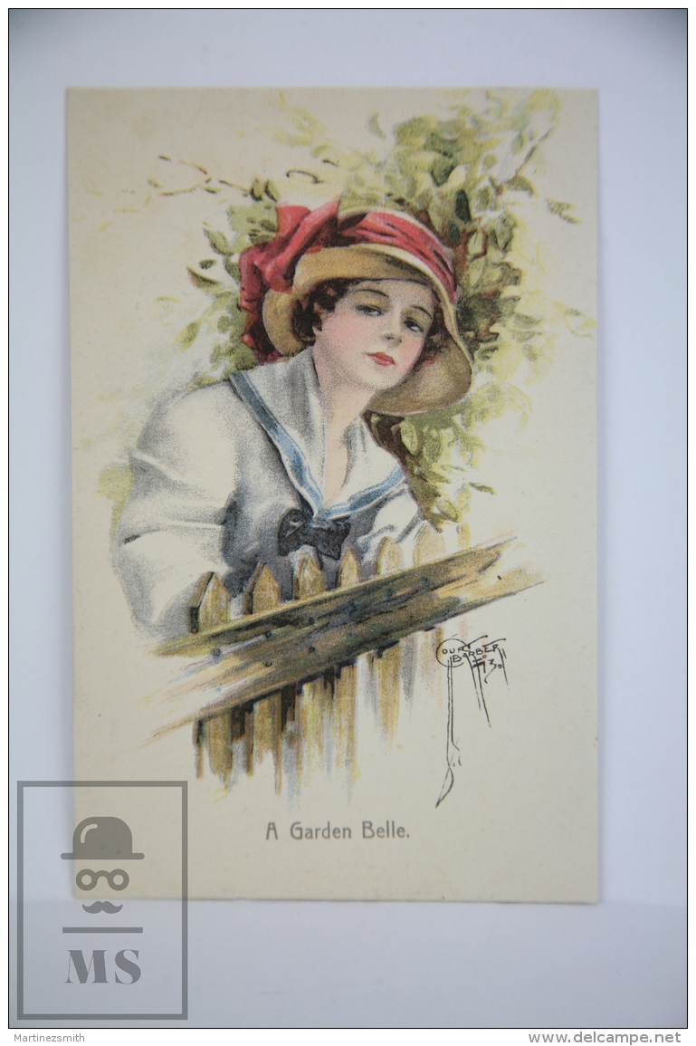 Original Postcard Year 1914 - Young Lady With Hat At Fence  - Court Barber - Ed. WB 1408 - A Garden Belle - Barber, Court