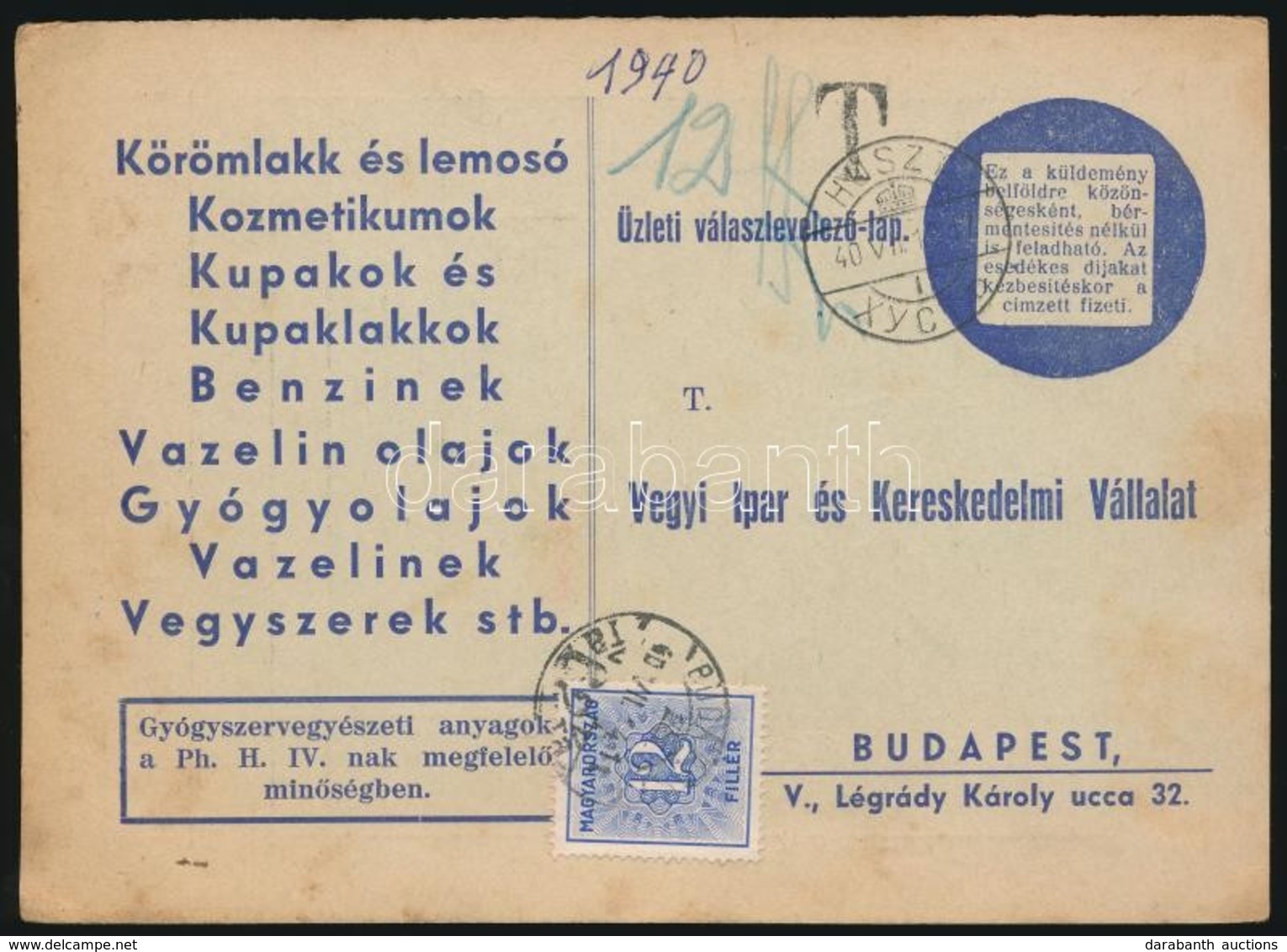 1940 Üzleti Válaszlevelez?lap Husztról Kétnyelv? Bélyegzéssel, Portózva / Business Reply Card From Huszt With Bilingual  - Sonstige & Ohne Zuordnung