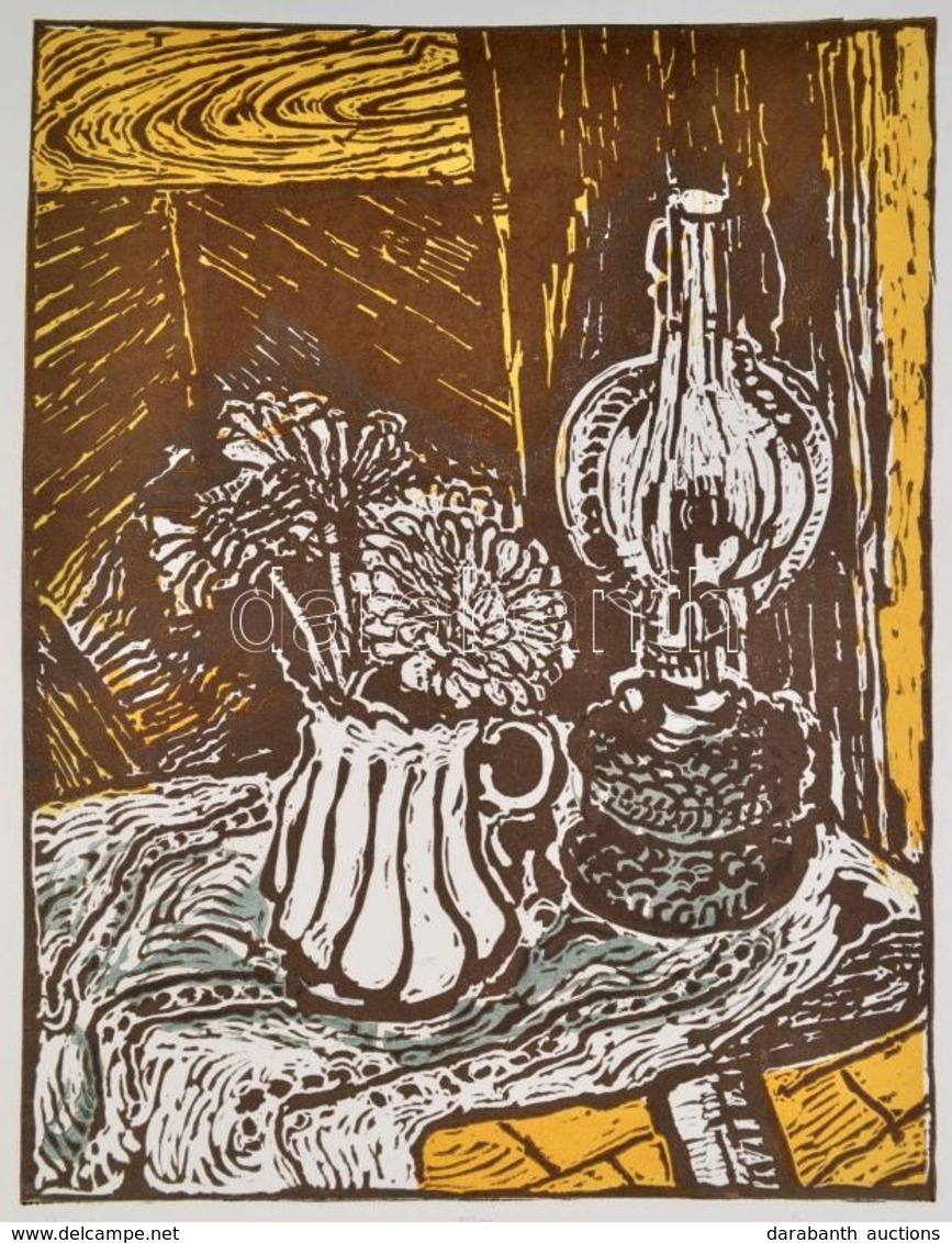 Somlai Vilma (1938-2007): Kék Lámpa, Színes Linó, Papír, Jelzett, Számozott (85/100), 39×30 Cm - Sonstige & Ohne Zuordnung