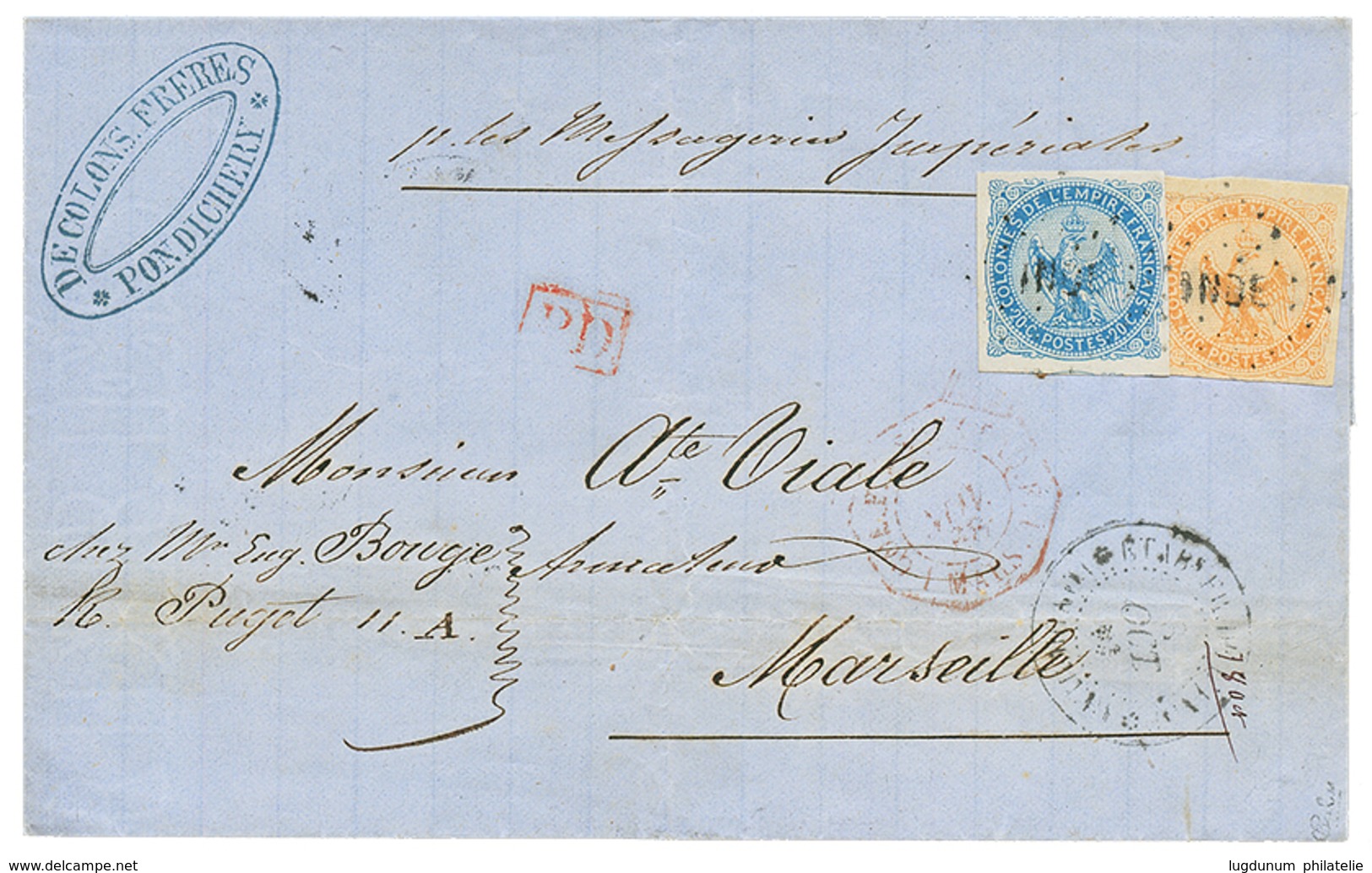 339 INDES : 1868 AIGLE 20c + 40c TTB Margés Obl. INDE + ETAB. FR. DE L'INDE PONDICHERY Sur Lettre Pour La FRANCE. TB. - Altri & Non Classificati