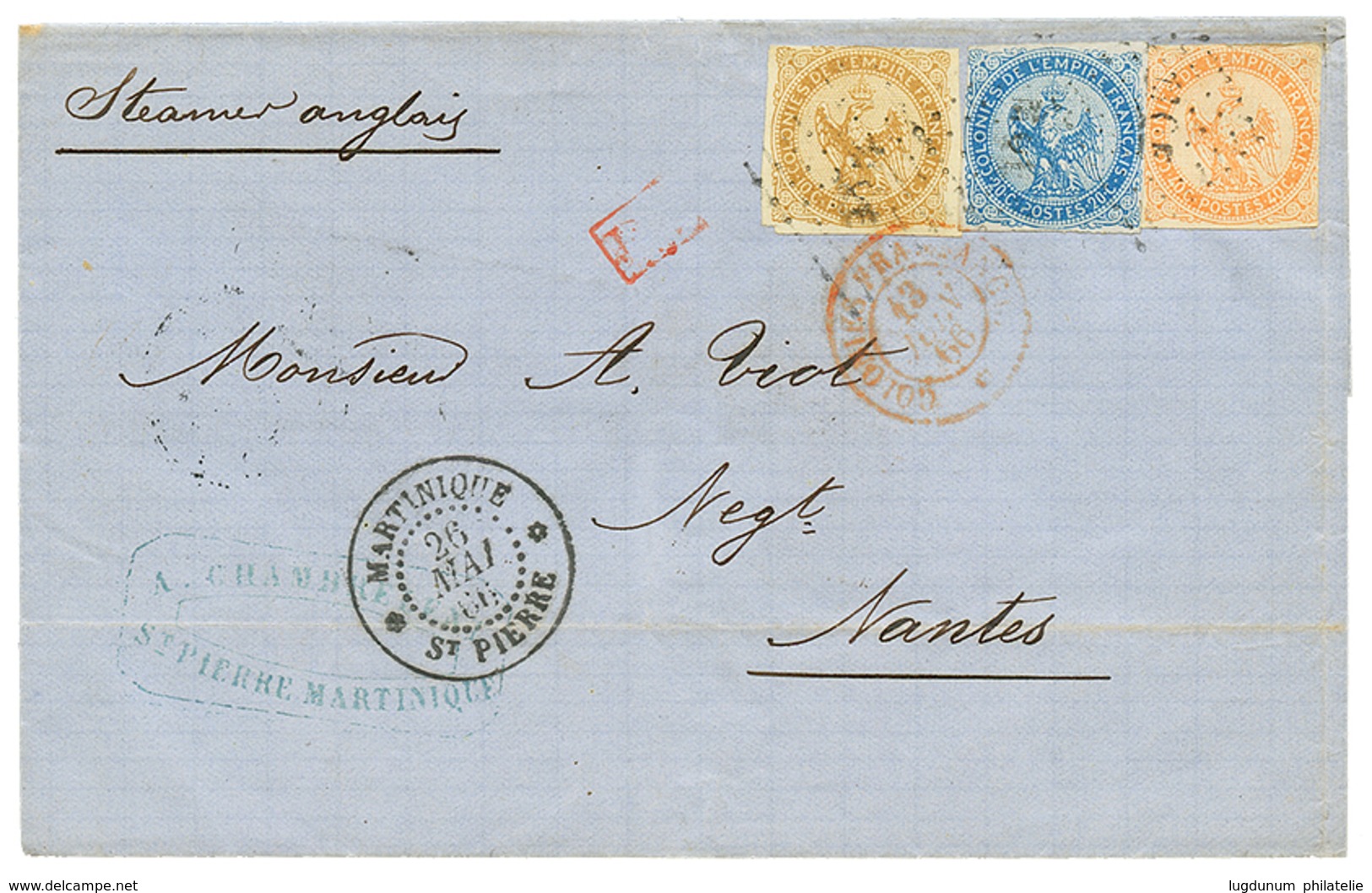 342 MARTINIQUE : 1866 AIGLE 10c+ 20c +40c Obl. MQE Sur Lettre De ST PIERRE Pour NANTES. TTB. - Altri & Non Classificati