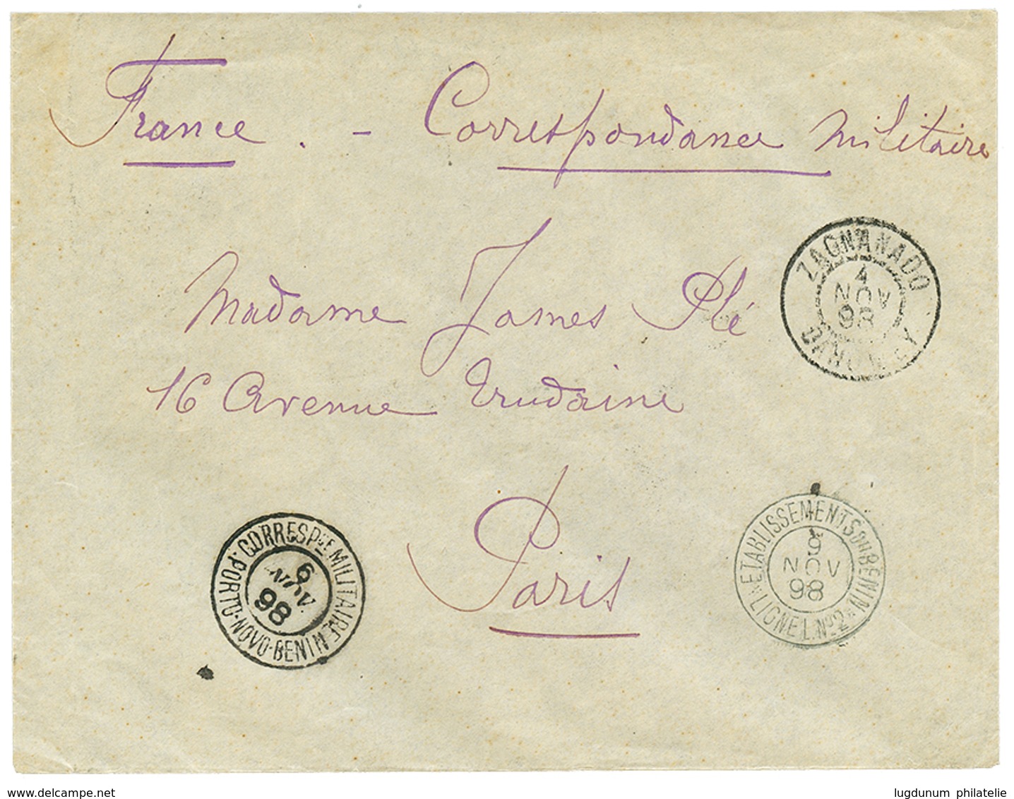 368 1898 DELIMITATION DAHOMEY-SOUDAN-TOGO Bleu Au Verso D'une Enveloppe De ZAGNANADO Pour PARIS. TTB. - Altri & Non Classificati