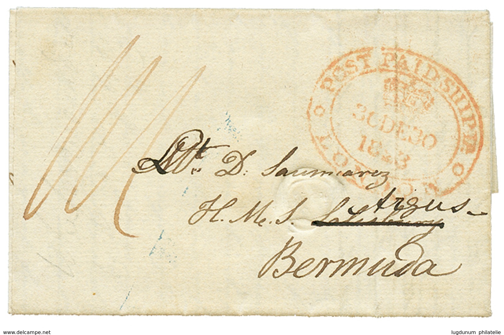 556 "destination BERMUDA" : 1823 Entire Letter From "NEW TOWN HOUSE" To "H.M.S SALISBURY" Redirected To "H.M.S ARGUS", B - Guernsey