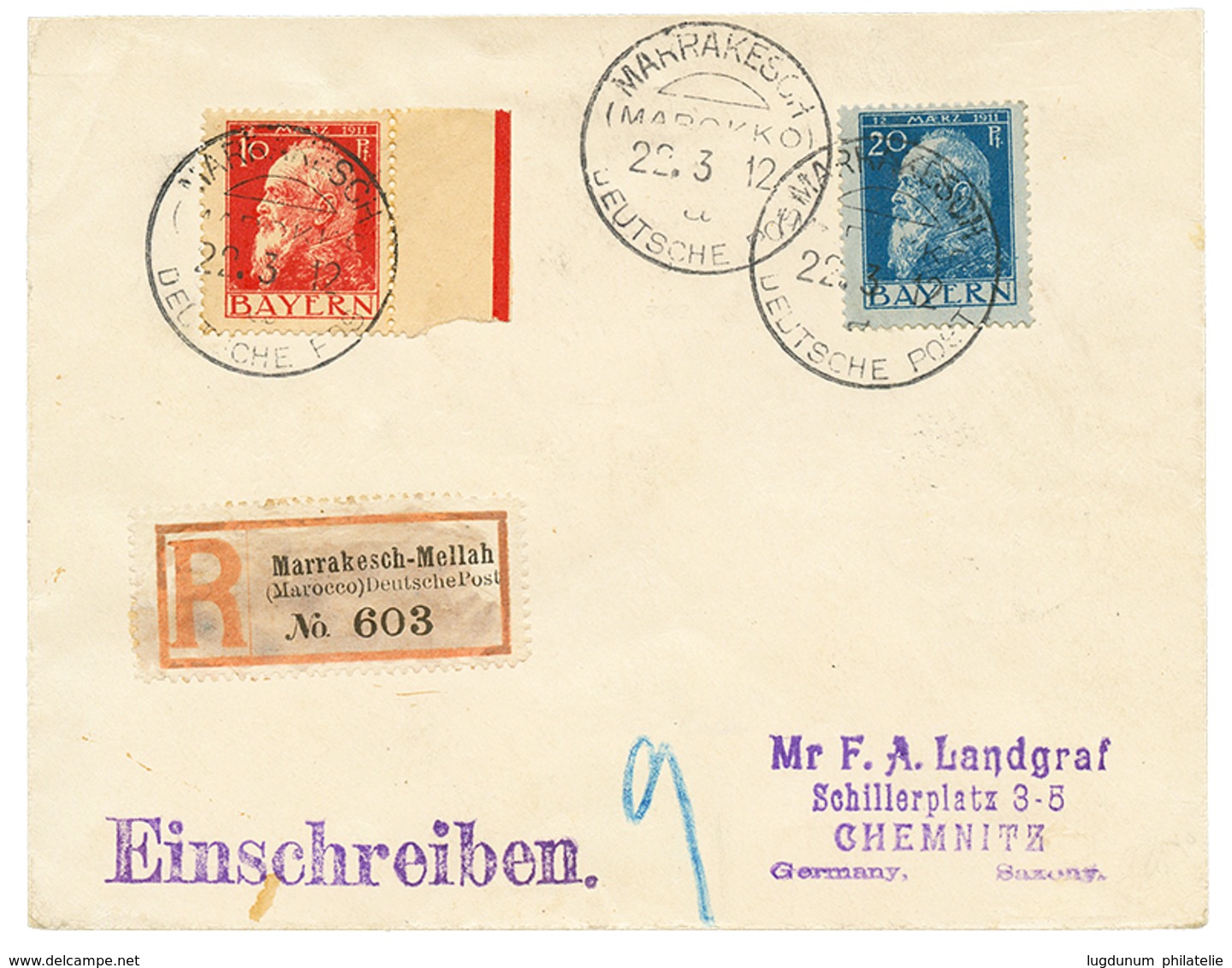 593 1912 BAVARIA 10pf + 20pf Canc. MARRAKESCH-MELLAH On REGISTERED Envelope To GERMANY. Scarce. Vvf. - Marocco (uffici)