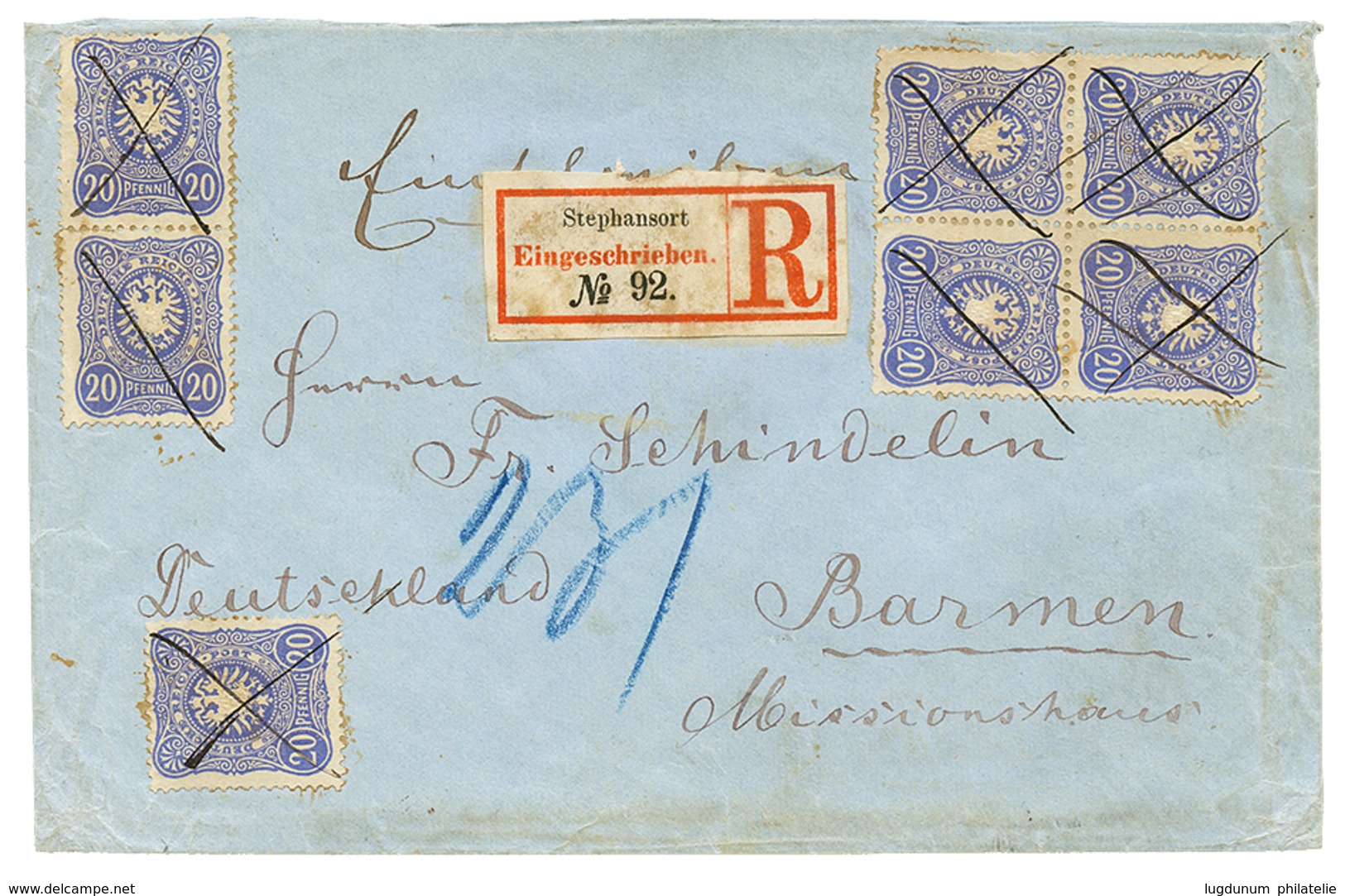 595 NEW GUINEA - VORLAUFER : 1891 20pf(v42c) Block Of 4 + Pair + Single Copy PEN Cancel On REGISTERED Envelope From STEP - Nuova Guinea Tedesca