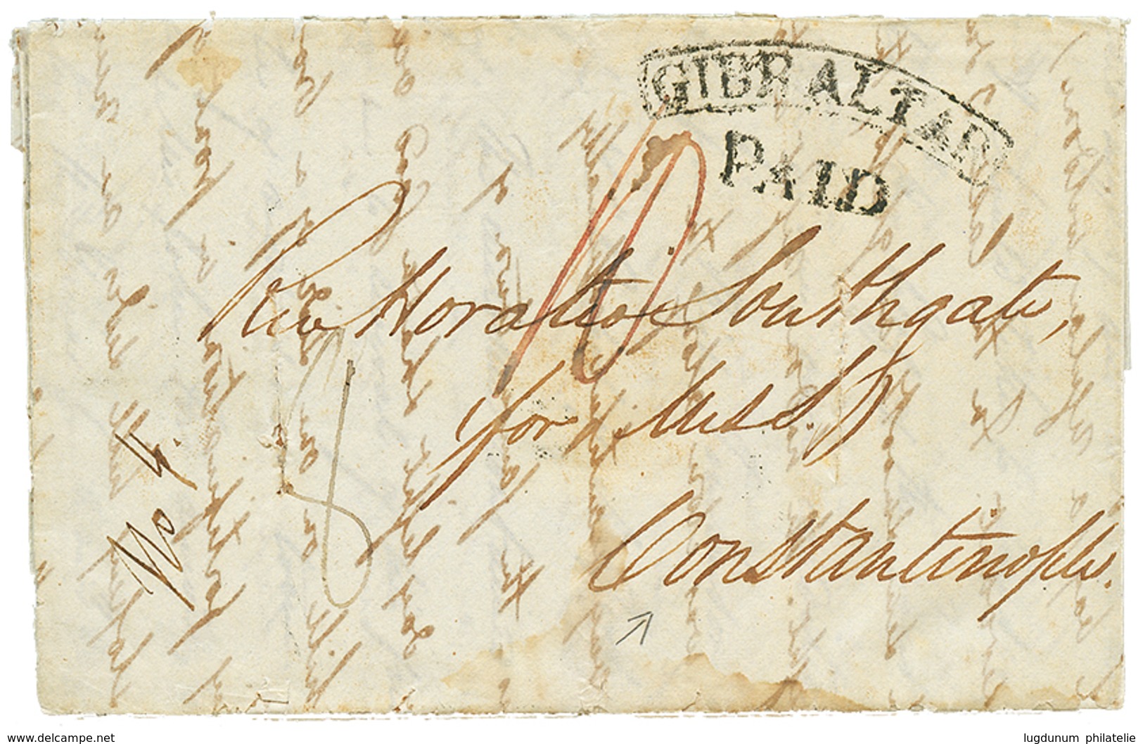 604 "GIBRALTAR To CONSTANTINOPLE" : 1844 GIBRALTAR PAID On DISINFECTED Entire Letter Datelined "STEAMSHIP THINIA, Bay Of - Gibilterra