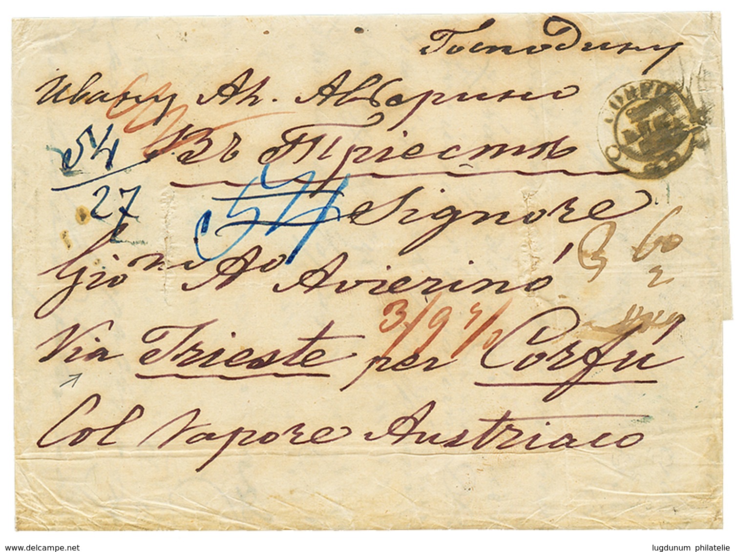 633 RUSSIA Via TRIESTE To IONIAN ISLANDS : 1855 CORFU And Disinfected Entire Letter From TAGANROG (RUSSIA) + "COL VAPORE - Zonder Classificatie