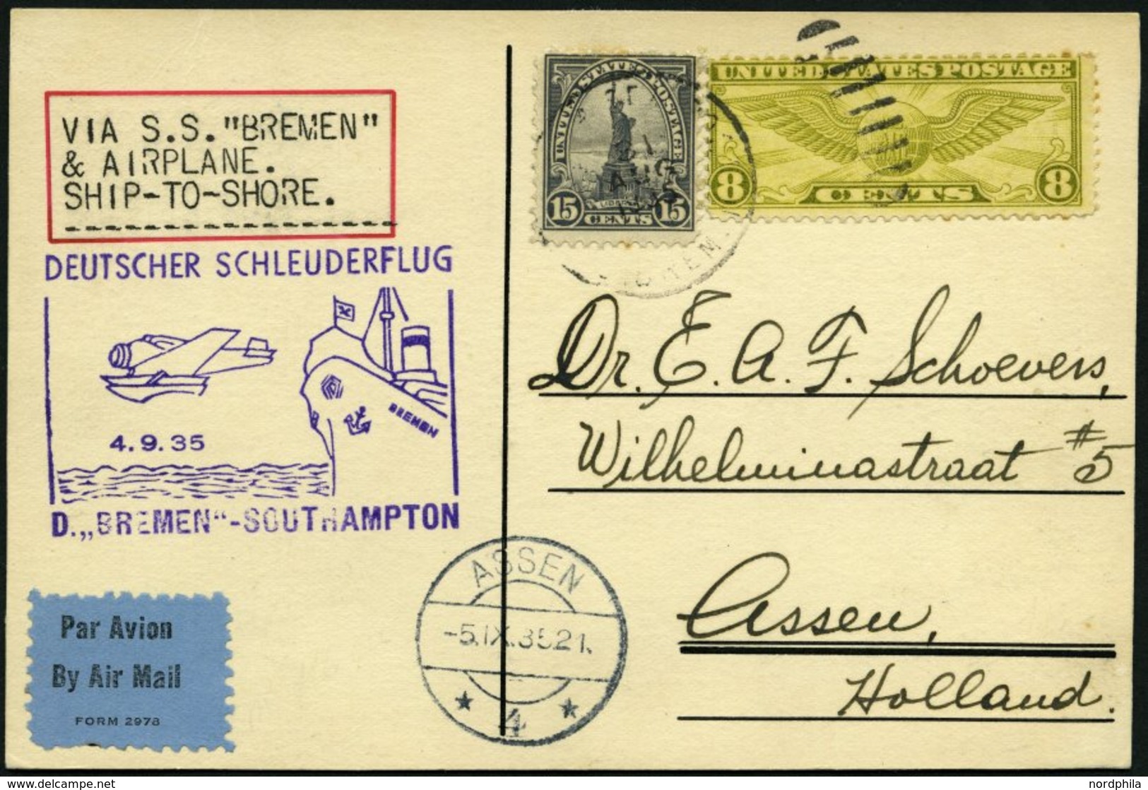 KATAPULTPOST 210b BRIEF, 4.9.1935, &quot,Bremen&quot, - Southampton, US-Seepostaufgabe, Prachtkarte - Brieven En Documenten