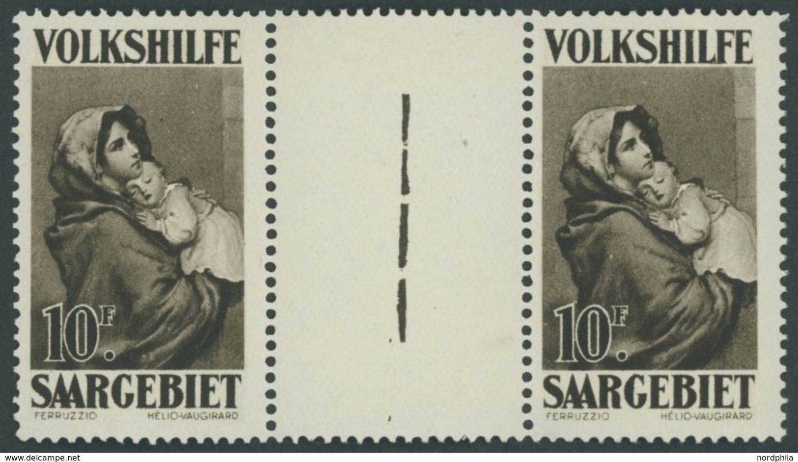 SAARGEBIET 141ZW **, 1929, 10 Fr. Gemälde II Im Zwischenstegpaar, Pracht, Mi. 500.- - Andere & Zonder Classificatie