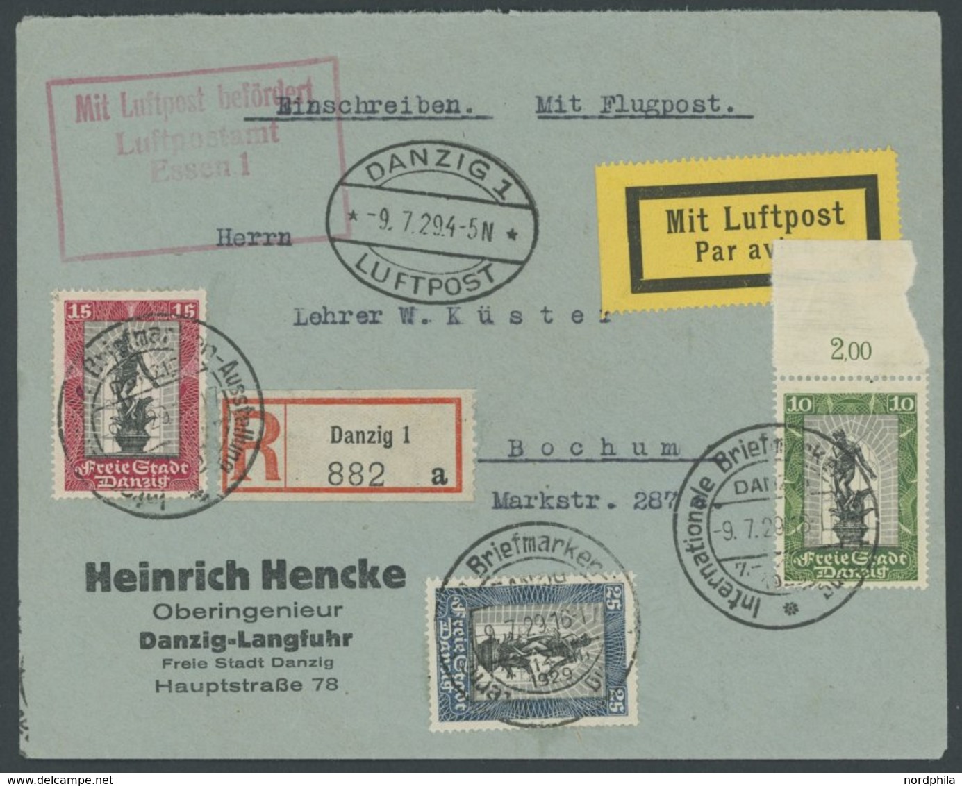 FREIE STADT DANZIG 217-19 BRIEF, 1929, Philatelistische Ausstellung Mit Sonderstempeln Auf Luftpost-Einschreibbrief Nach - Andere & Zonder Classificatie