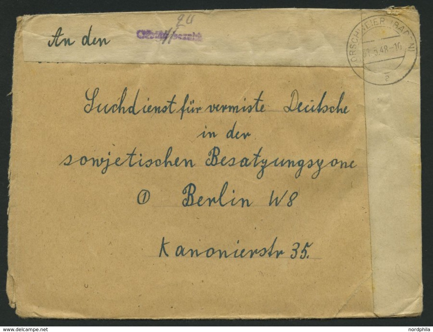 ALL. BES. GEBÜHR BEZAHLT ORSCHWEIER (BADEN), 31.5.48, Kleiner Violetter R1 Gebühr Bezahlt, Handschriftlich 24, Suchdiens - Andere & Zonder Classificatie