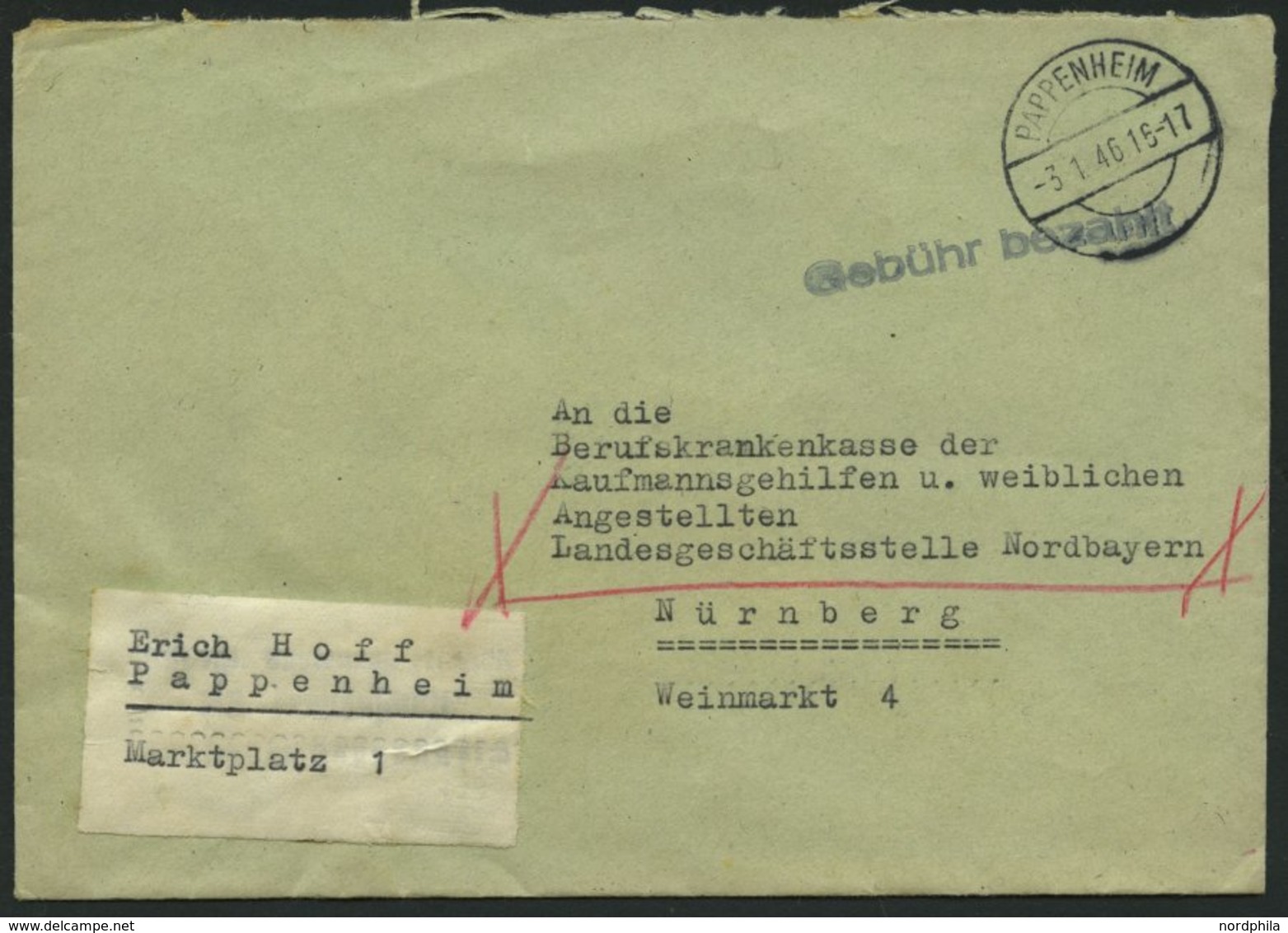 ALL. BES. GEBÜHR BEZAHLT PAPPENHEIM, 3.1.46, L1 Gebühr Bezahlt, Brief Feinst - Andere & Zonder Classificatie