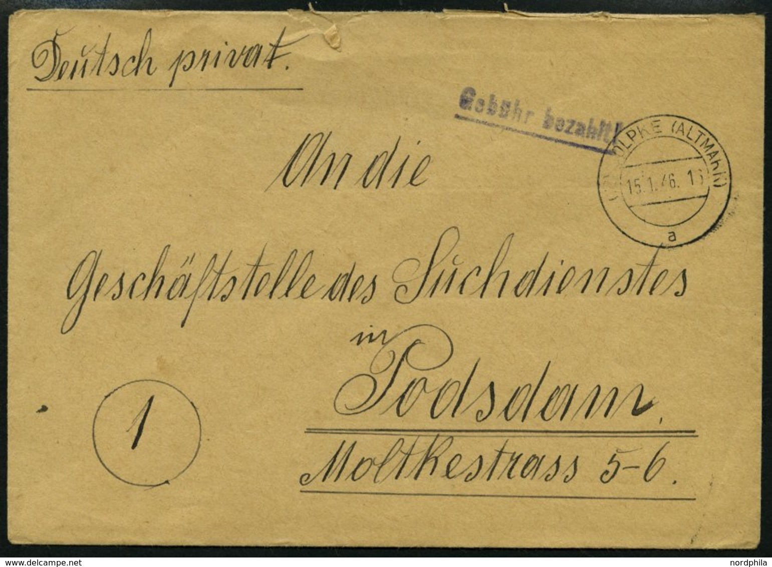 ALL. BES. GEBÜHR BEZAHLT SOLPKE (ALTMARK), 15.1.46, Violetter L1 Gebühr Bezahlt Mit Unterstrich, Brief An Den Suchdienst - Andere & Zonder Classificatie