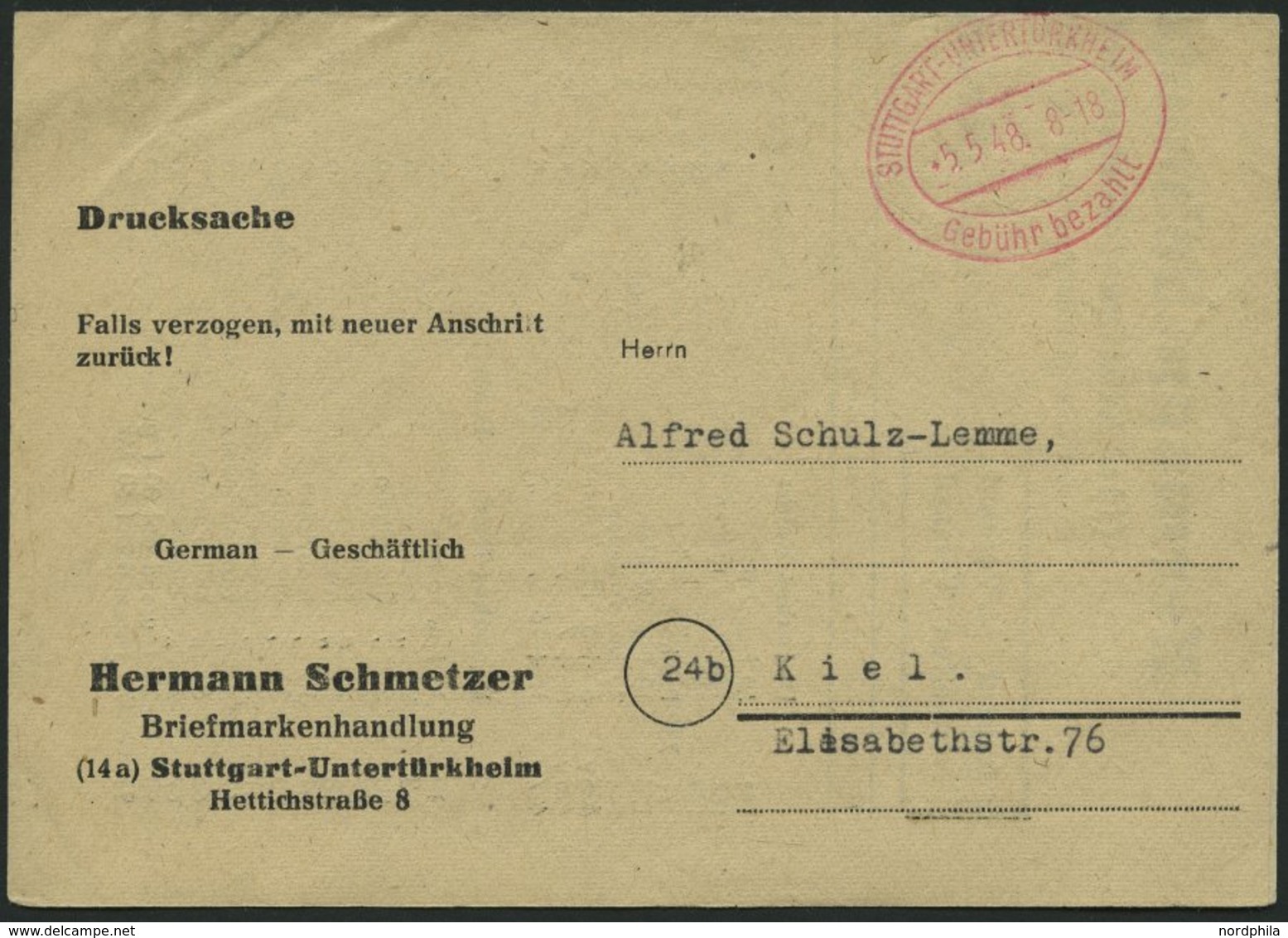 ALL. BES. GEBÜHR BEZAHLT STUTTGART Gebühr Bezahlt, 5.5.48, Roter Ellipsenstempel, Drucksachenbrief, Pracht - Andere & Zonder Classificatie