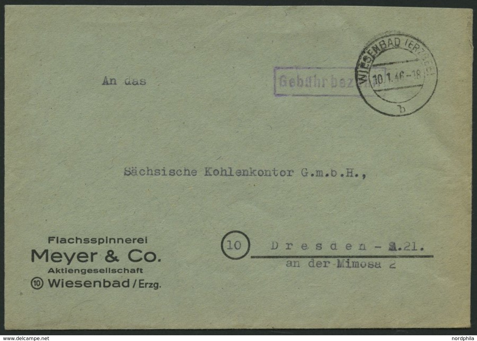 ALL. BES. GEBÜHR BEZAHLT WIESENBAD (ERZGEB), 10.1.46, Violetter R1 Gebühr Bezahlt, Prachtbrief - Andere & Zonder Classificatie