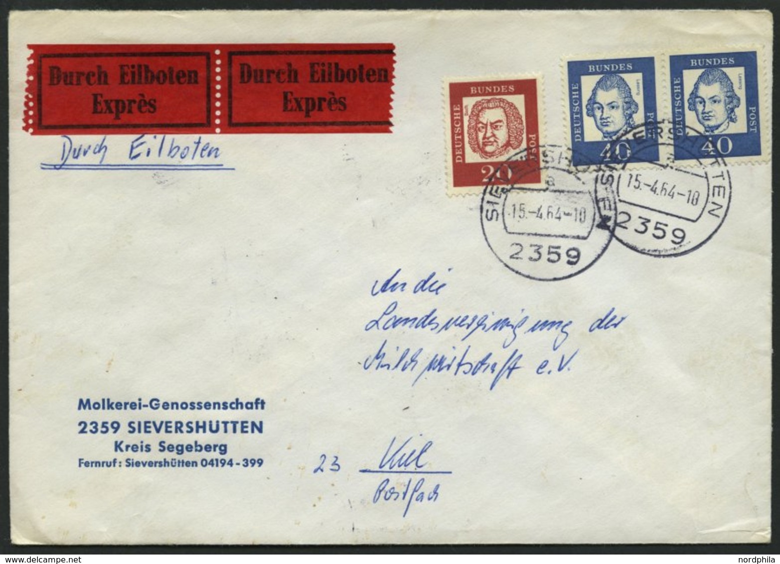 BUNDESREPUBLIK 355y Paar BRIEF, 1964, 40 Pf. Lessing Im Waagerechten Paar Mit 20 Pf. Zusatzfrankatur Auf Bedarfs-Eilbrie - Used Stamps