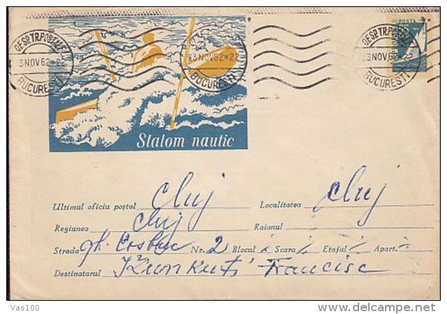 SPORTS, WATER SKIING, SAILING, COVER STATIONERY, ENTIER POSTAL, 1962, ROMANIA - Sci Nautico