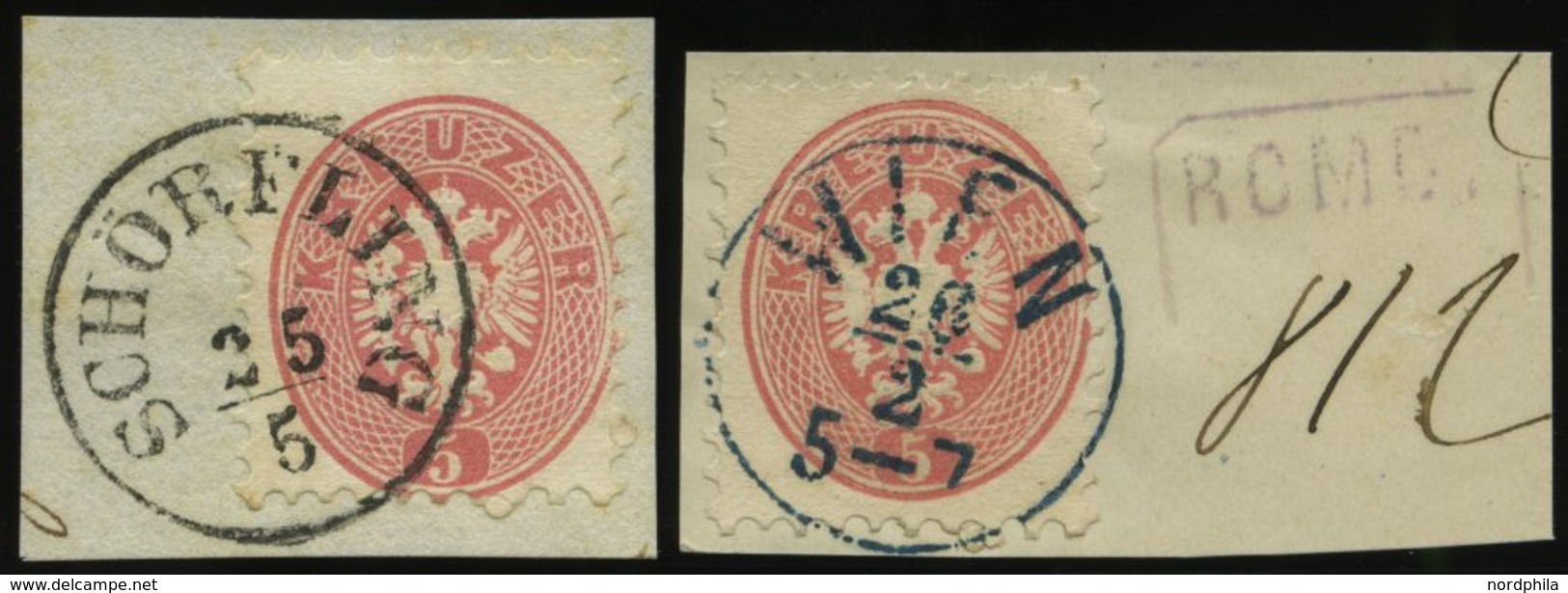ÖSTERREICH 32 BrfStk, 1863, 5 Kr. Rosa, K1 SCHÖRFLING Und Blauer K1 WIEN, 2 Kabinettbriefstücke - Usados