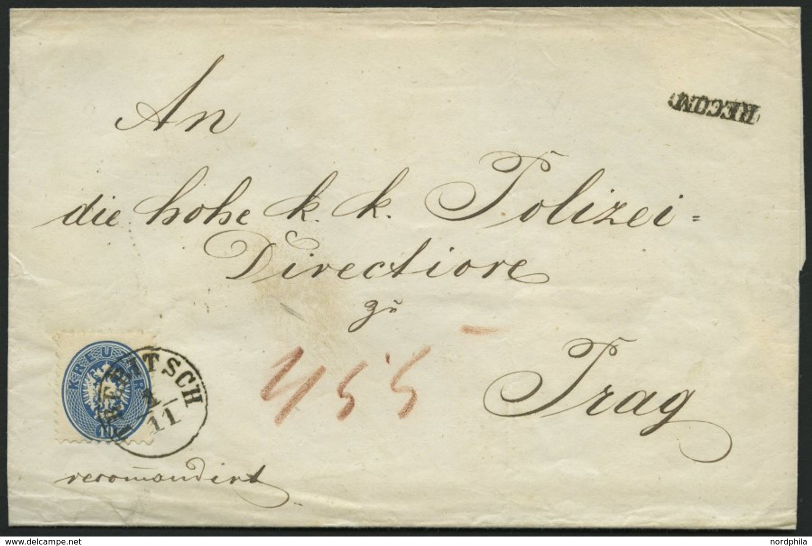 ÖSTERREICH 33 BRIEF, 1863, 10 Kr. Blau Und Rückseitiges Reco-Porto 10 Kr. Blau (defekt) Auf Brief Von TREBITSCH Nach Pra - Gebruikt