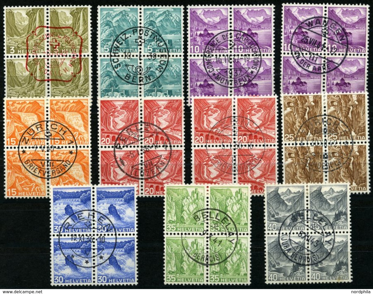 SCHWEIZ BUNDESPOST 297-305I,IIz VB O, 1936, Landschaften, Geriffelter Gummi, In Zentrisch Gestempelten Viererblocks, 10  - 1843-1852 Federale & Kantonnale Postzegels