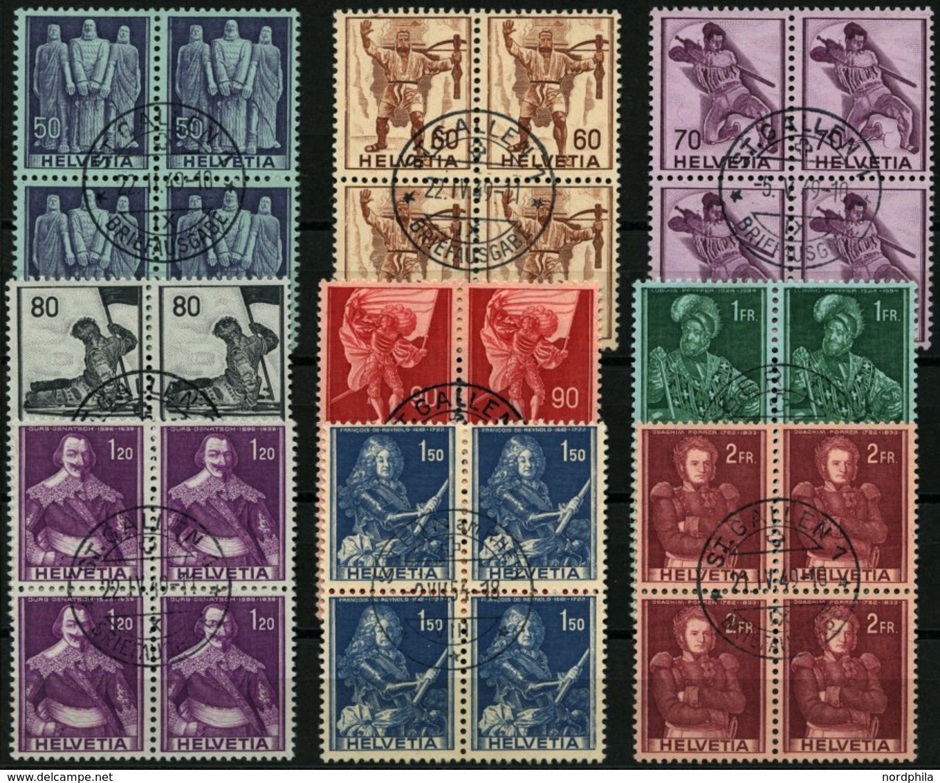 SCHWEIZ BUNDESPOST 377-85 VB O, 1941, Historische Darstellungen In Zentrisch Gestempelten Viererblocks, Prachtsatz - 1843-1852 Federale & Kantonnale Postzegels