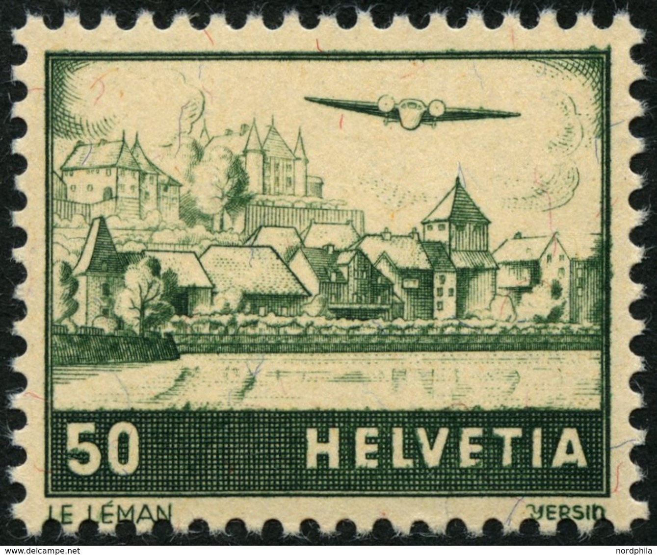 SCHWEIZ BUNDESPOST 389I **, 1941, 50 C. Flugzeug über Landschaften Mit Abart Dach Des Rechten Hauses Weiß, Pracht, Mi. 1 - 1843-1852 Federale & Kantonnale Postzegels