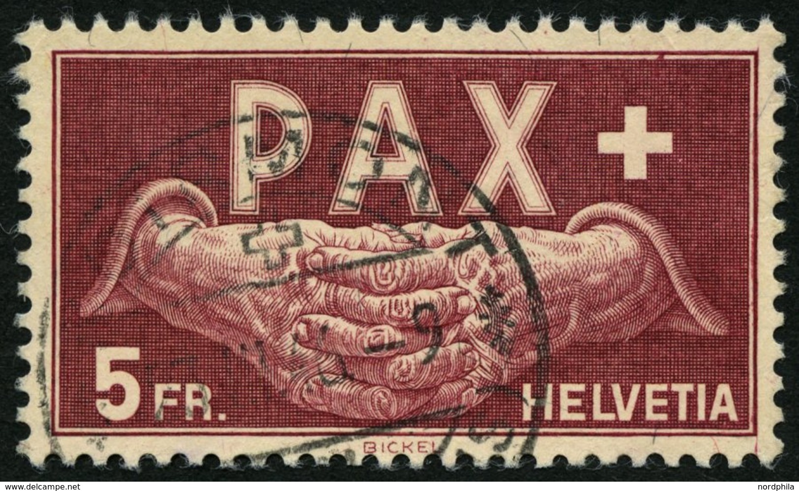 SCHWEIZ BUNDESPOST 458 O, 1945, 5 Fr. PAX, Pracht, Mi. 360.- - 1843-1852 Federale & Kantonnale Postzegels
