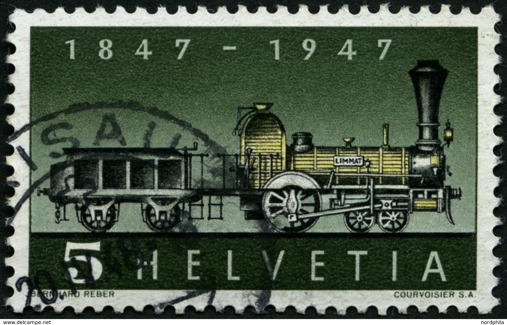 SCHWEIZ BUNDESPOST 484II O, 1947, 5 C. 100 Jahre Eisenbahn Mit Abart Fehlende Speiche Im Antriebsrad, Pracht, Mi. 200.- - 1843-1852 Federale & Kantonnale Postzegels