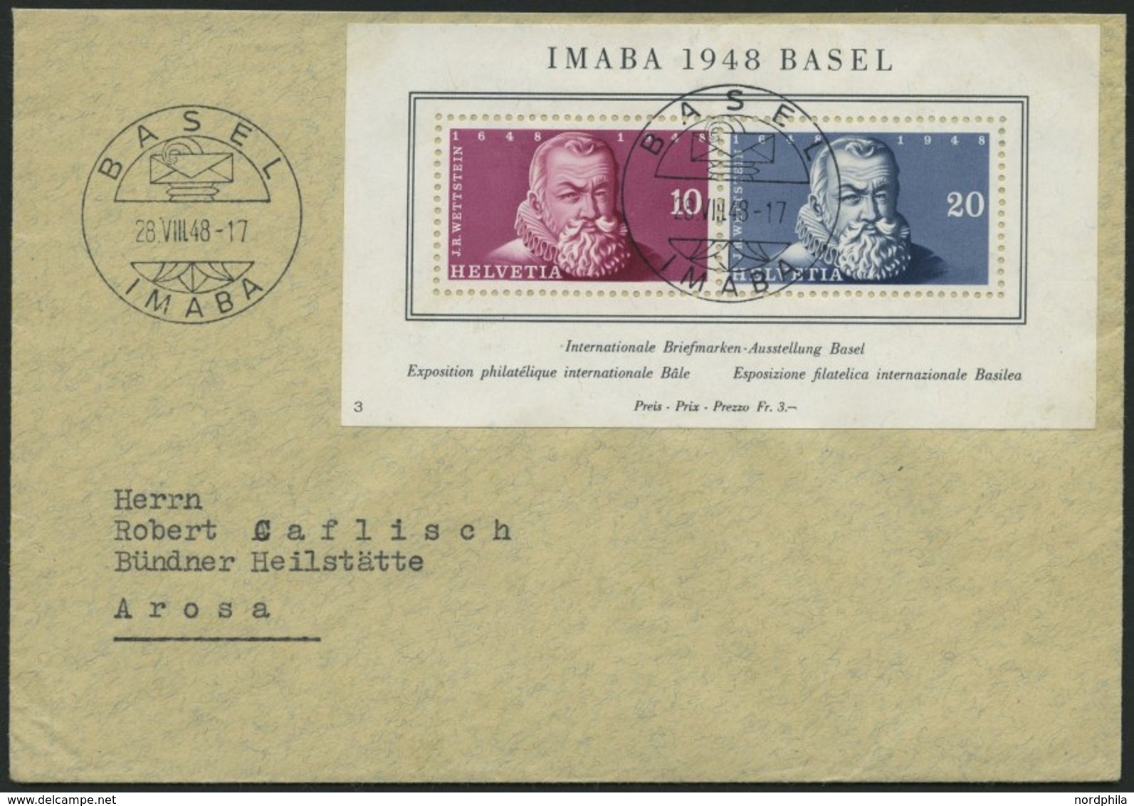 SCHWEIZ BUNDESPOST Bl. 13 BRIEF, 1948, Block IMABA Mit Sonderstempel Auf Brief, Pracht - 1843-1852 Federale & Kantonnale Postzegels