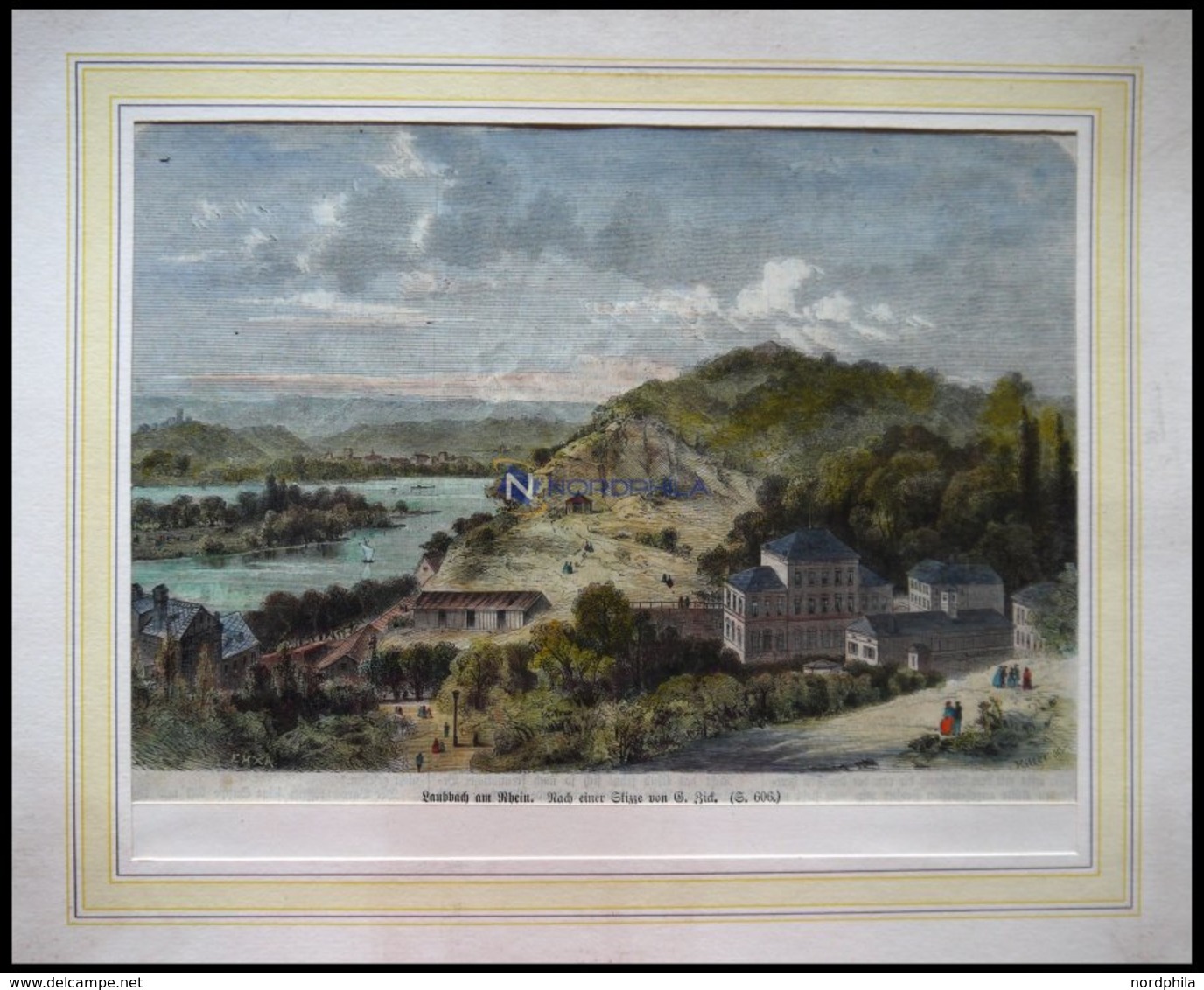 LAUBBACH A.RHEIN, Gesamtansicht, Kolorierter Holzstich Um 1880 - Lithografieën