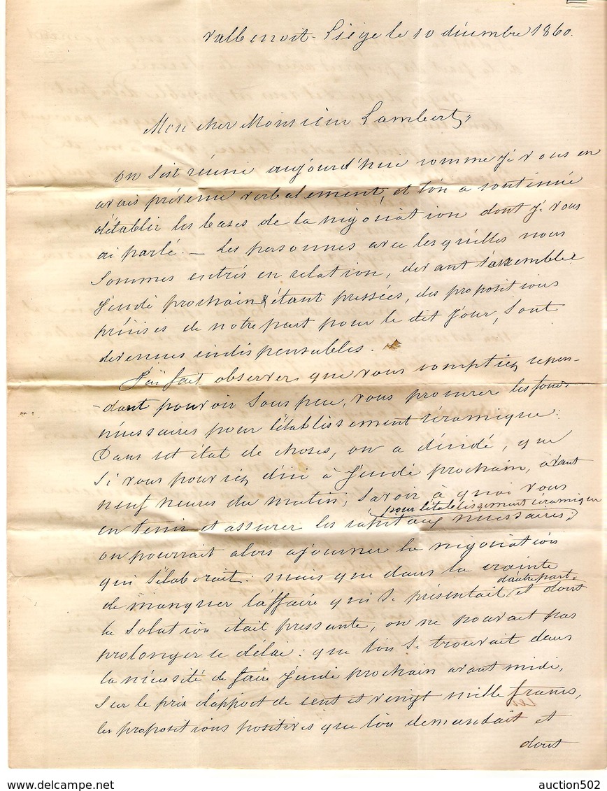 TP 7 4 Marges S/LAC écrit De Val Benoit C.Liège 11-12-1860 + Obl.barres 73 V.Wick (Maestricht) C.d'arrivée - Postmarks - Lines: Perceptions