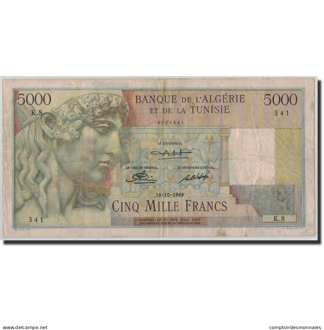 Billet, Tunisie, 5000 Francs, 1949, 1949-10-18, KM:27, TB+ - Tunisie