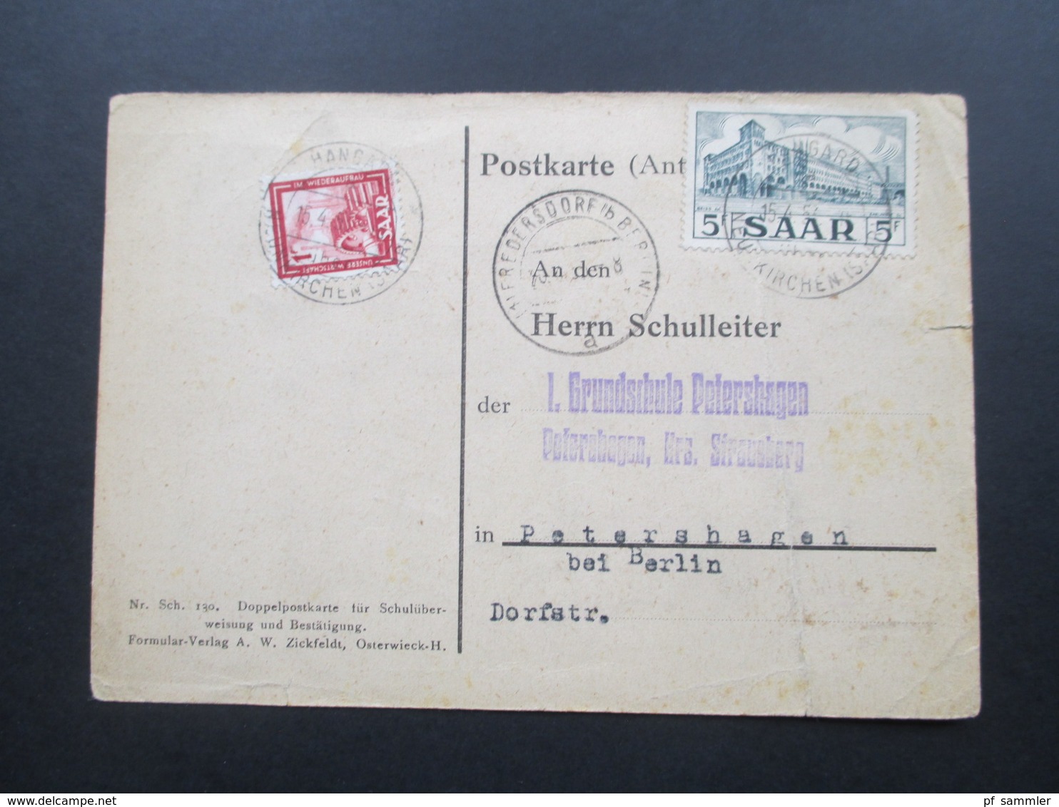 Saargebiet 1953 Postkarte Antwortkarte Aufnahmebescheinigung Evangelische Volksschule Hangard Saar. - Covers & Documents