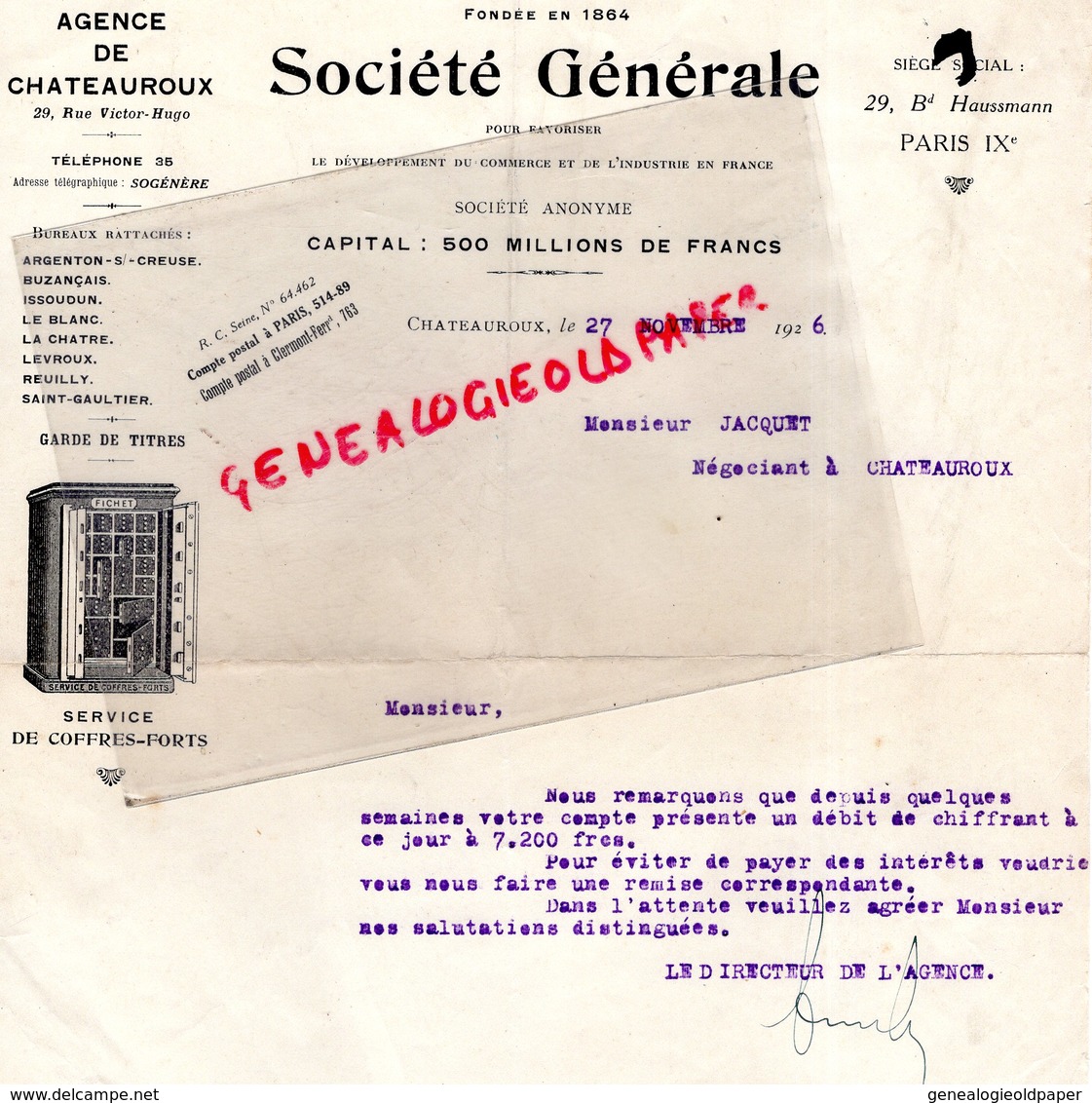 36- CHATEAUROUX- LETTRE SOCIETE GENERALE- BANQUE - 29 RUE VICTOR HUGO-PARIS- BD HAUSSMANN-COFFRES FORTS- COFRE FORT 1926 - Bank & Versicherung