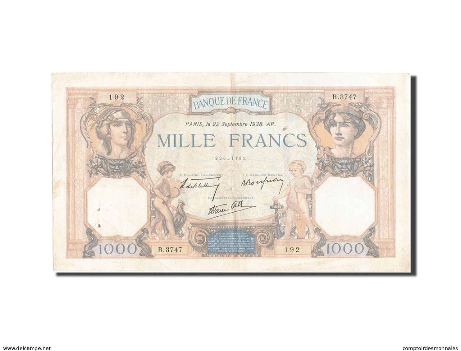 Billet, France, 1000 Francs, 1 000 F 1927-1940 ''Cérès Et Mercure'', 1938 - 1 000 F 1927-1940 ''Cérès Et Mercure''