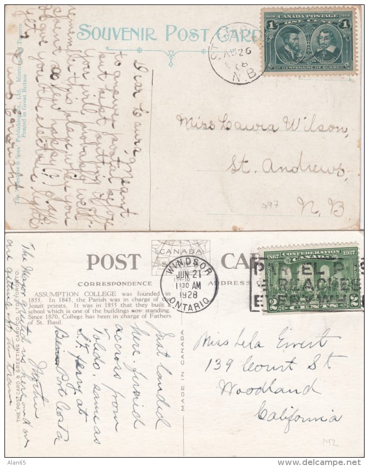 Canada Lot Of 2 Postcards, Sc#97 1-cent 1908 &amp; #142 2-cent 1927 Issues, Stephens NB And Sandwich ONT Postcard Images - Postal History