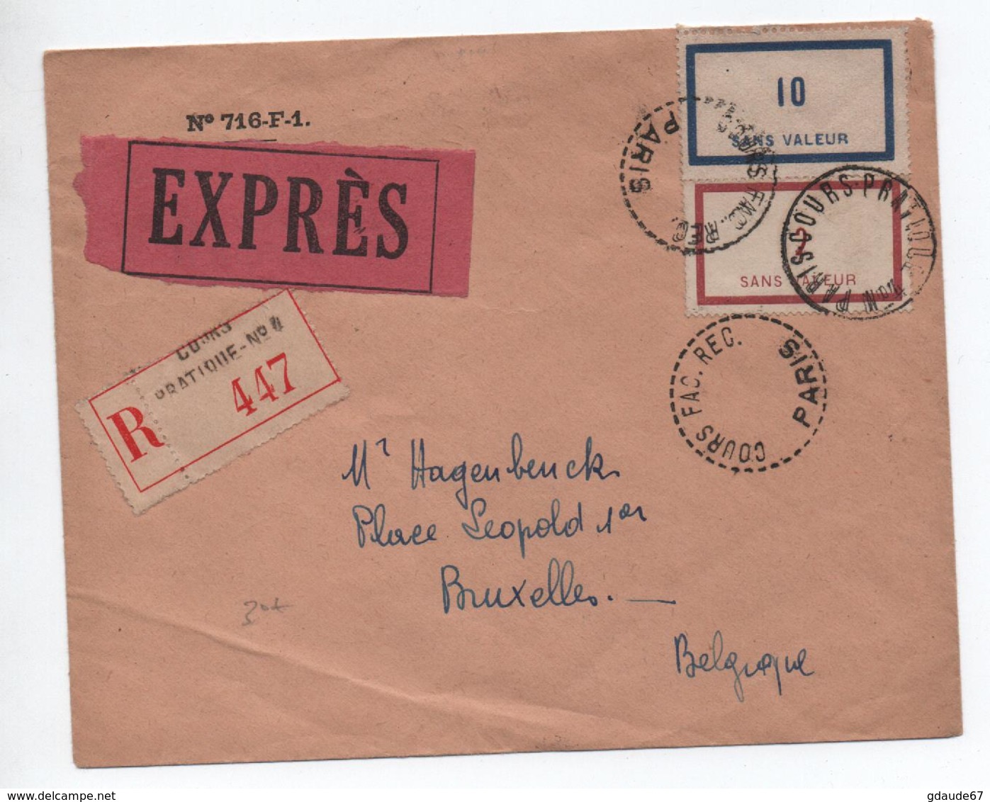 COURS D'INSTRUCTION - ENVELOPPE EXPRES De PARIS COURS FAC REC Pour BRUXELLES Avec TIMBRES 2 & 10 SANS VALEUR - Instructional Courses