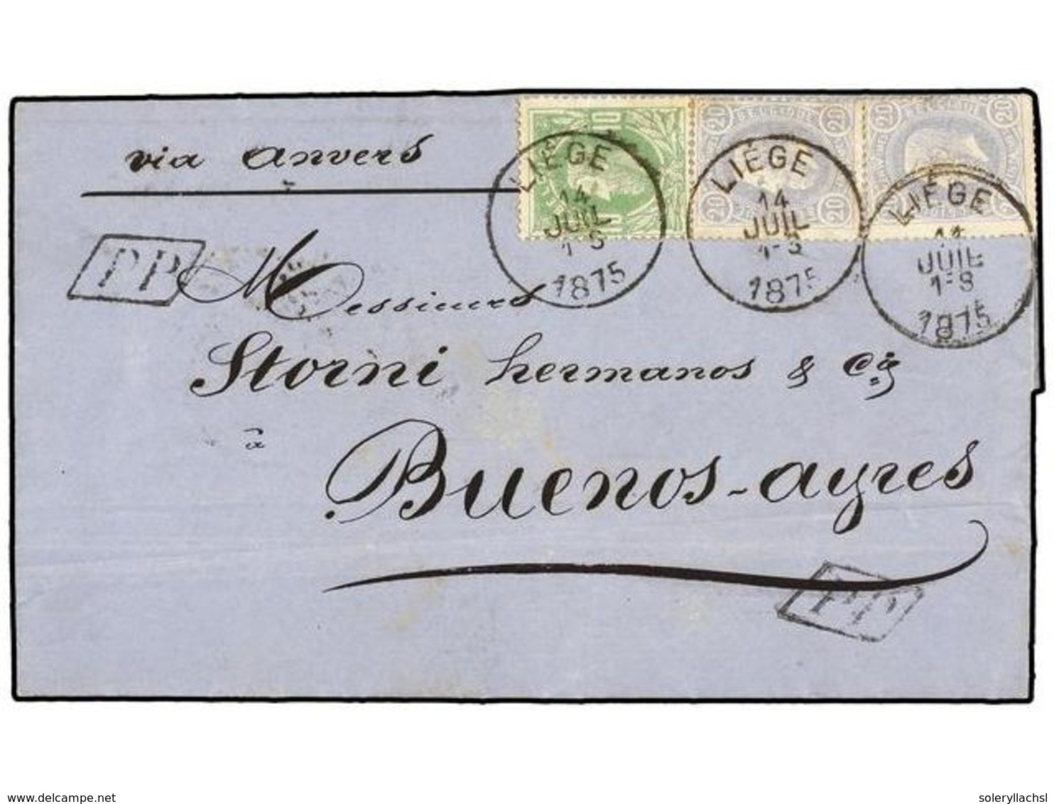 106 BELGICA. Of.30, 31 (2). 1875. LIEGE To BUENOS AYRES (Argentina). Entire Letter Franked With <B>10 Cts.</B> Green And - Other & Unclassified