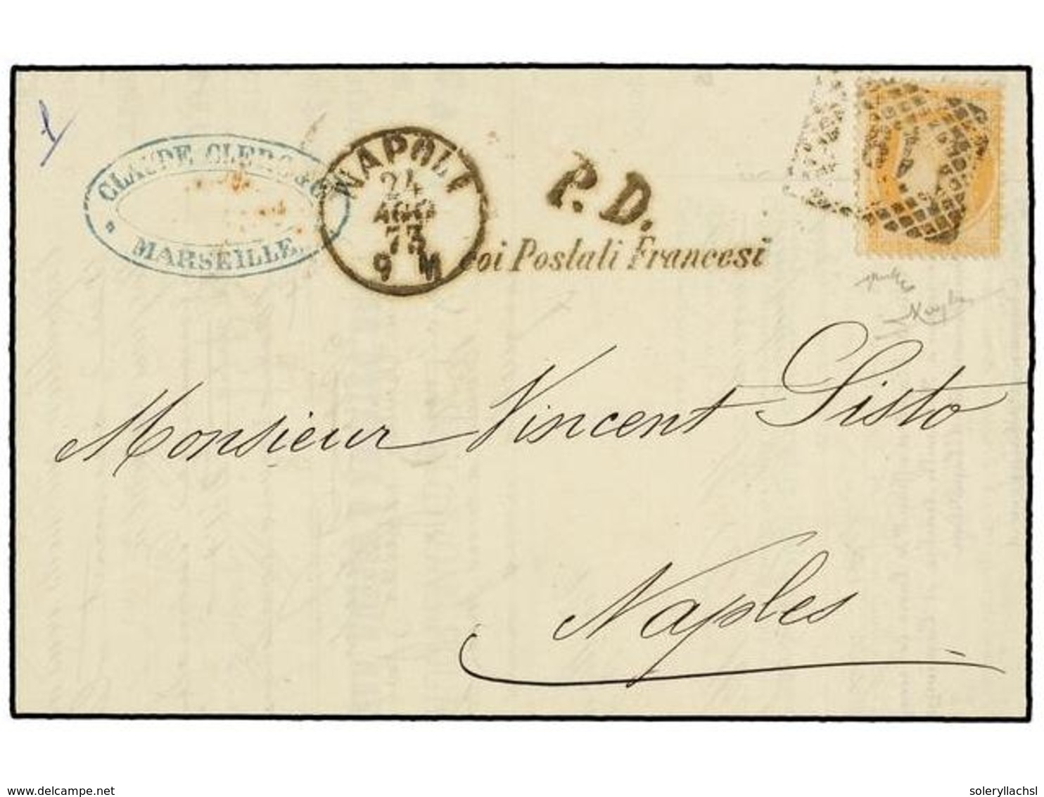 332 FRANCIA. Yv.38. 1873. MARSEILLE A NÁPOLES. <B>40 Cts.</B> Naranja, Mat.<B> </B>rectángulo De Puntos Con Cifra<B> '19 - Andere & Zonder Classificatie